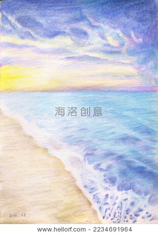 海边 紫色 晚霞 沙滩 插画 手绘 彩色 可爱 清新 植物