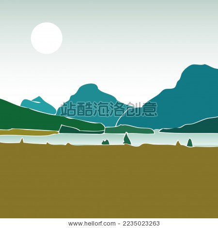 湖光山色 新疆天山牧场 矢量插画风景