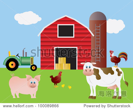 farm with red barn tractor pig cow chicken farm animals