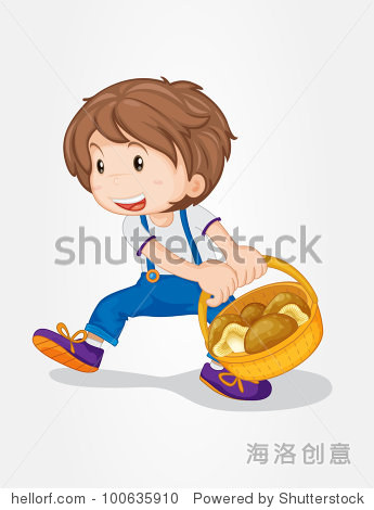 illustration of a boy with a basket of mushrooms - eps vector
