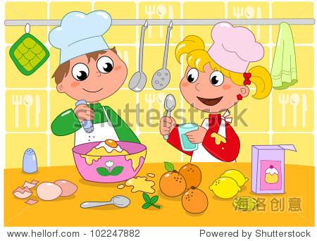 boy and girl cooking in a kitchen full of ingredients.