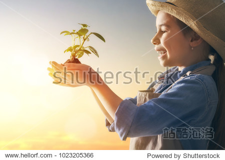 Cute little child girl with seedlings on sunset background. Fun little gardener. Spring concept nature and care.