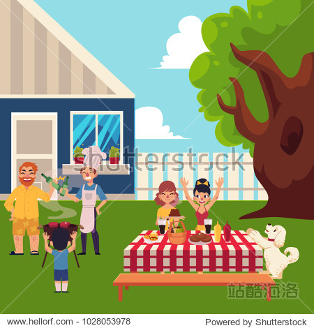 family having bbq, barbeque in the yard, cooking