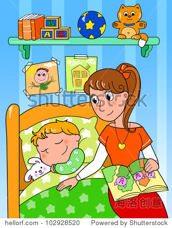 cute child sleeping in bed with mom digital illustration