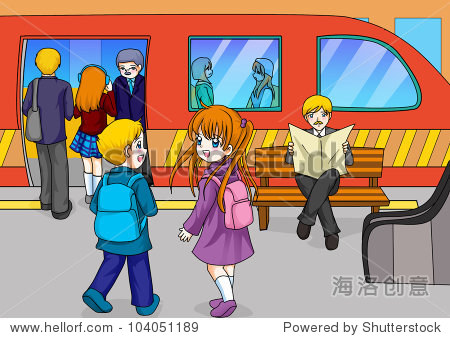 cartoon illustration of two kids at the subway station