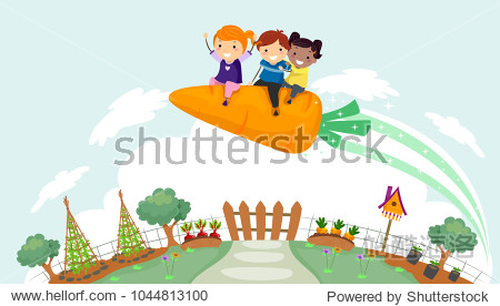 illustration of stickman kids riding a carrot rocket flying over