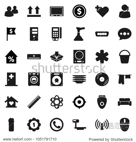 flat vector icon set - plunger vector, bucket, drying clothes