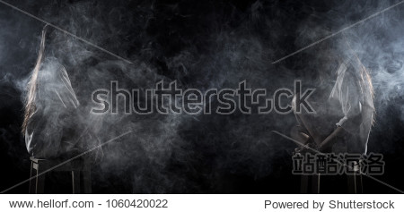 white smoke tan skin asian woman black straight hair with dense