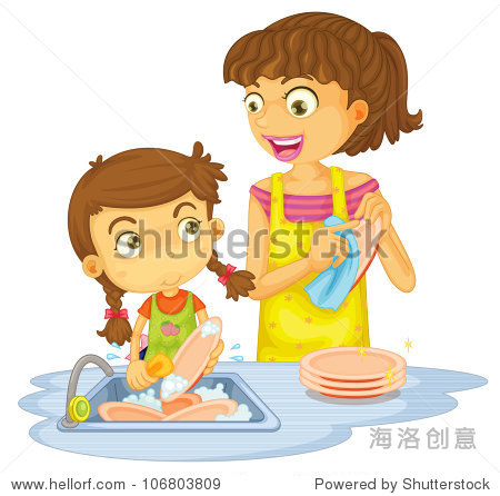 illustration of a girls washing plates on a white