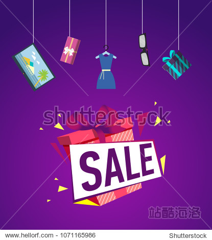50% off sale advertising banner with gift box and various goods