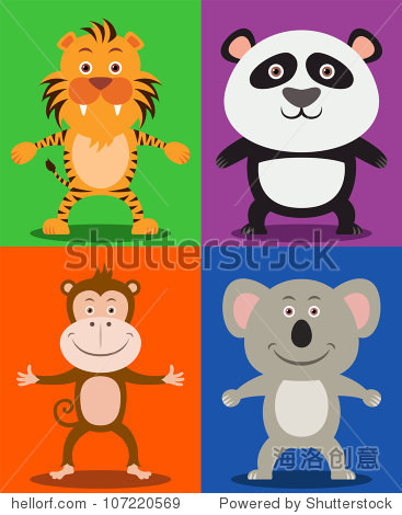 jungle animals including tiger, panda, monkey & koala bear