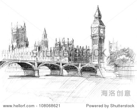 铅笔绘图威斯敏斯特宫的议会大厦或钟楼 - 建筑