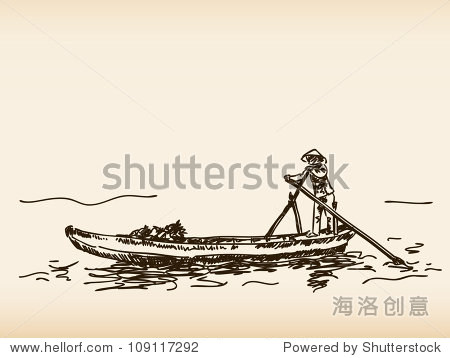 手绘传统的越南渔船