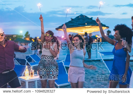 happy friends having fun beach party outdoor with