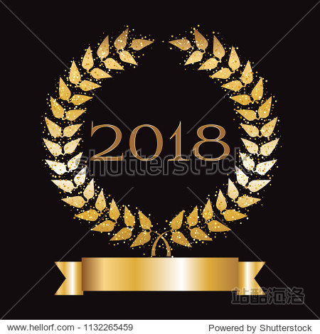 2018 year. gold ribbon and laurel wreath with sparkles.