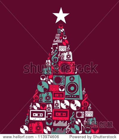 dj music retro icon set in christmas pine tree shape