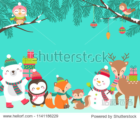 cartoon animals illustration with copy space for christmas and