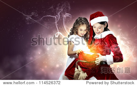illlustration of little girl with christmas gifts and santa