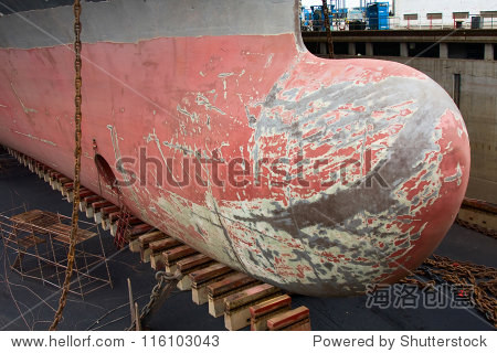 the bulbous bow of the large container ship on dry dock