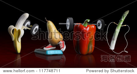 水果和蔬菜制作团队运动:一个香蕉举重,一个梨