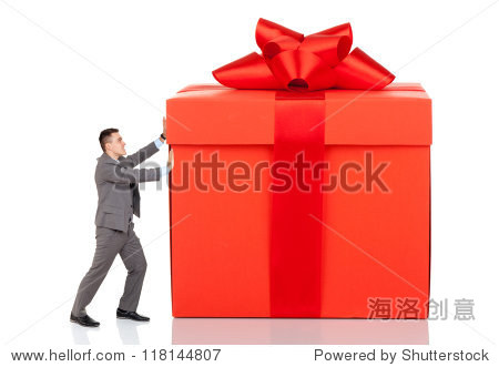 business man present red gift box with ribbon bow isolated over