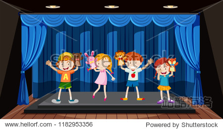 children play hand puppet on stage illustration