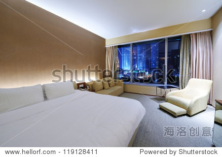 luxurious hotel room interior with large window