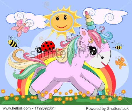 pink unicorn on a meadow with flowers rainbow sun