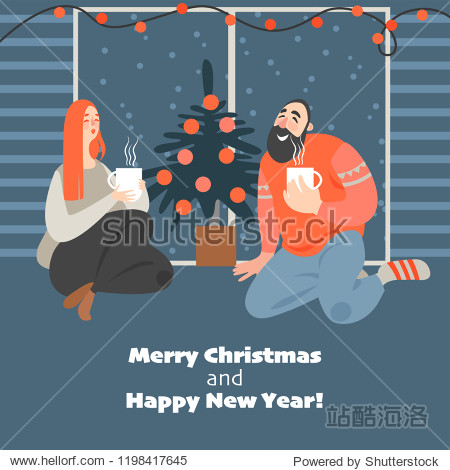 christmas card in cartoon style. cute couple  hot