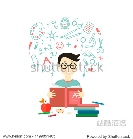 flat style icon of happy asian boy with a book.