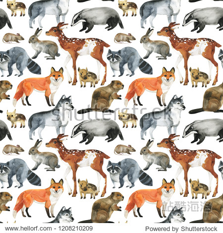watercolor hand painted seamless forest animal pattern.