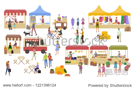 marketplace stalls of sellers and shopping people