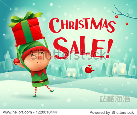 little elf holds up gift present in christmas snow scene winter