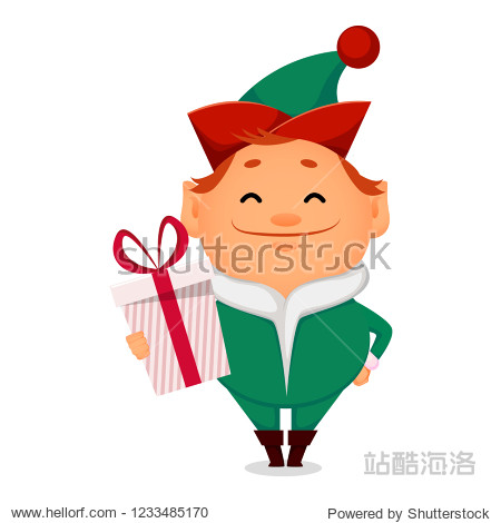 cheerful cartoon character holds gift box.