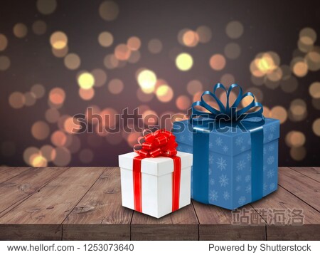 white and blue gift box on wooden table on chrismas background