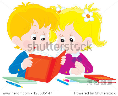 schoolboy and schoolgirl reading a book