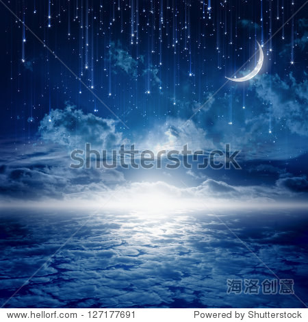 和平背景,蓝色夜空的月亮,星星,美丽的云,发光的