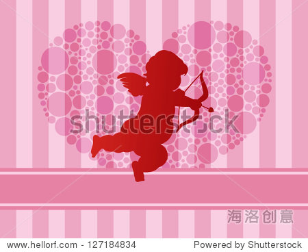 情人节快乐与丘比特圆点心脏轮廓和粉红色的条纹图案背景说明向量