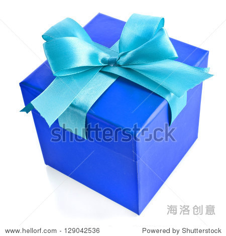 gift wrapped present box with blue -aqua satin bow close up