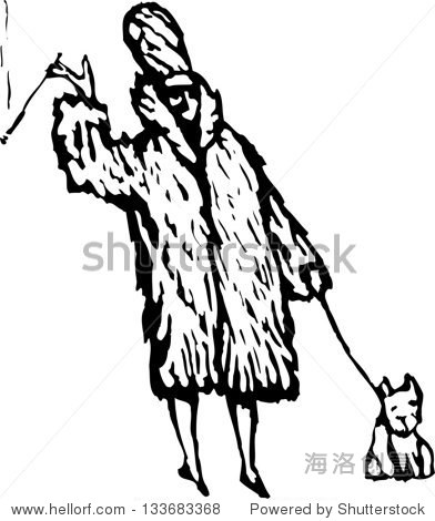 black and white vector illustration of rich woman wearing fur coat with small dog