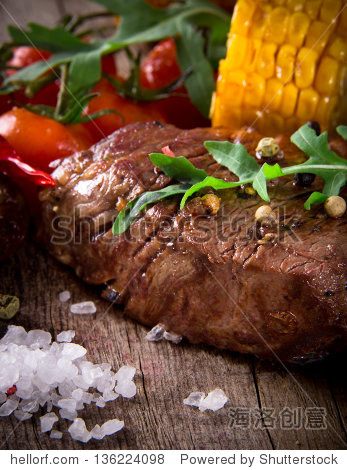 delicious beef steak on wooden table