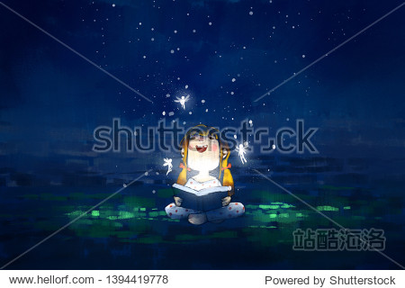 digital painting of kid reading the magic book acrylic on canvas texture story telling illustration