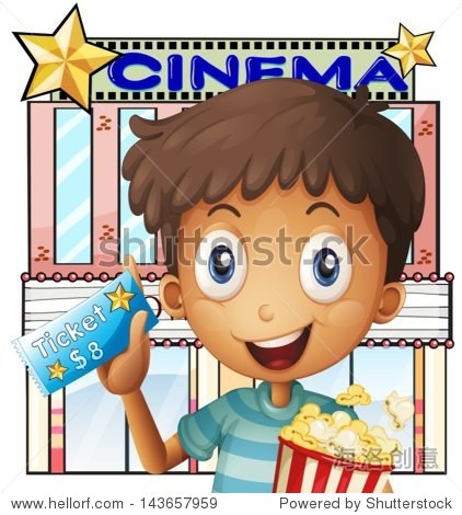 a boy holding a pail of popcorn and a ticket outside the cinema