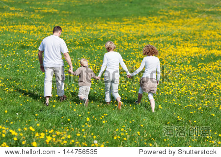 rear view of a family walking on flower meadow