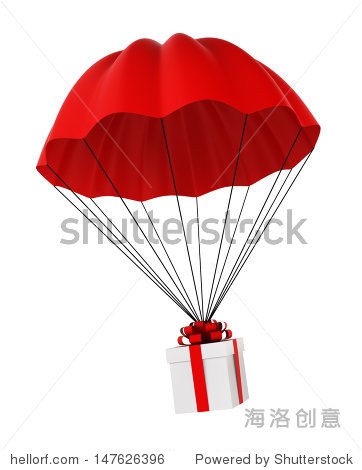 parachute with a gift box. 3d illustration on white background