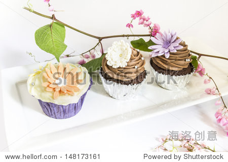 cup cake with flowers on white background.