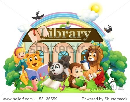 animals reading in front of the library on a white background