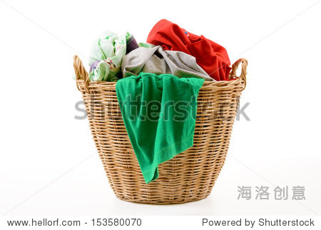 clothes in a laundry wooden basket isolated on white background