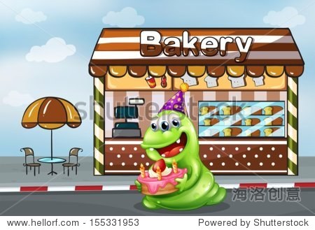 illustration of a monster with a cake near the bakery