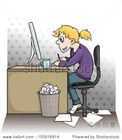 女孩努力工作在电脑上,矢量图